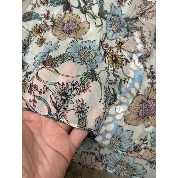 Hale Bob Womens Blouse Sheer Ruffle Front Button Up Long Sleeve Floral Size S - Picture 3 of 9